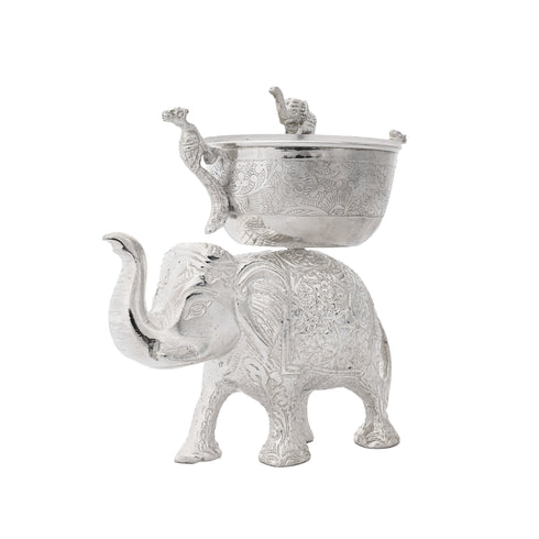 Handcrafted German Silver Elephant Bowl with Lid - Traditional Indian Dry Fruit Bowl for Home Decor & Gifting